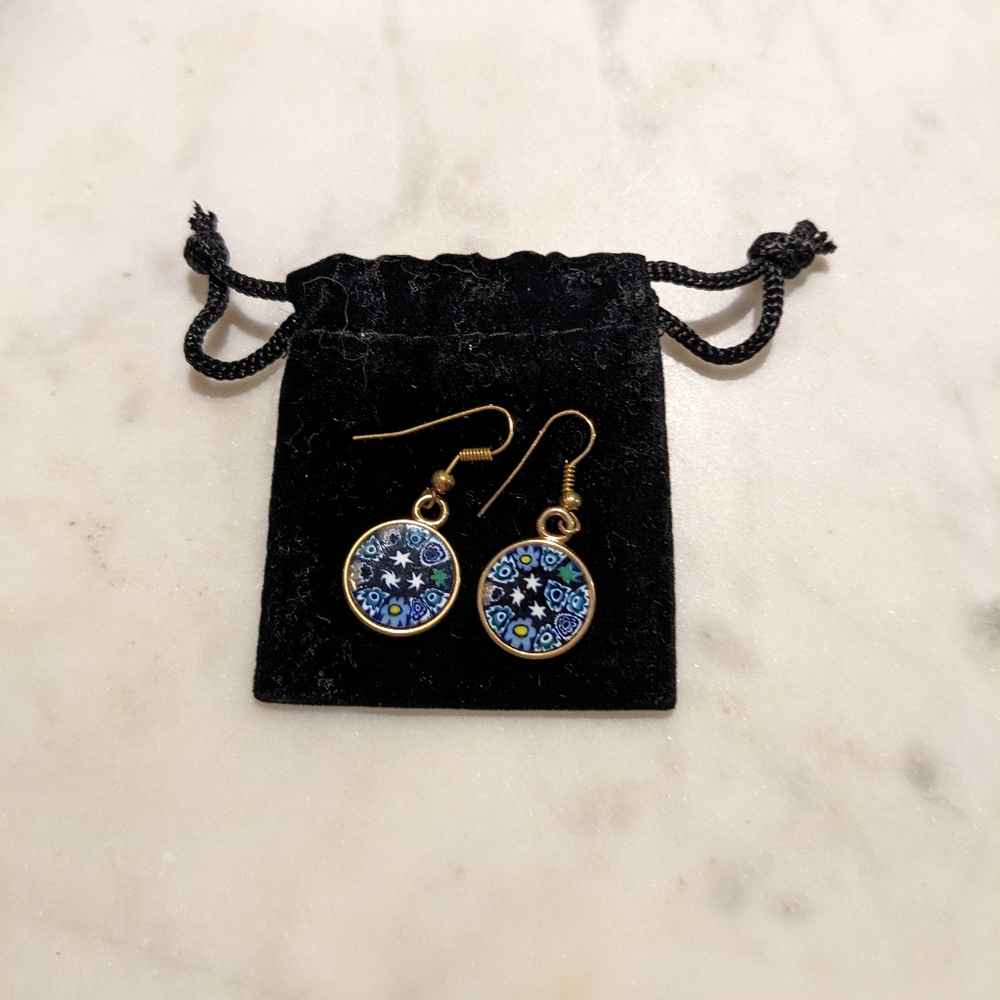 Blue Gold Plated Floral Drop Earrings from Greece